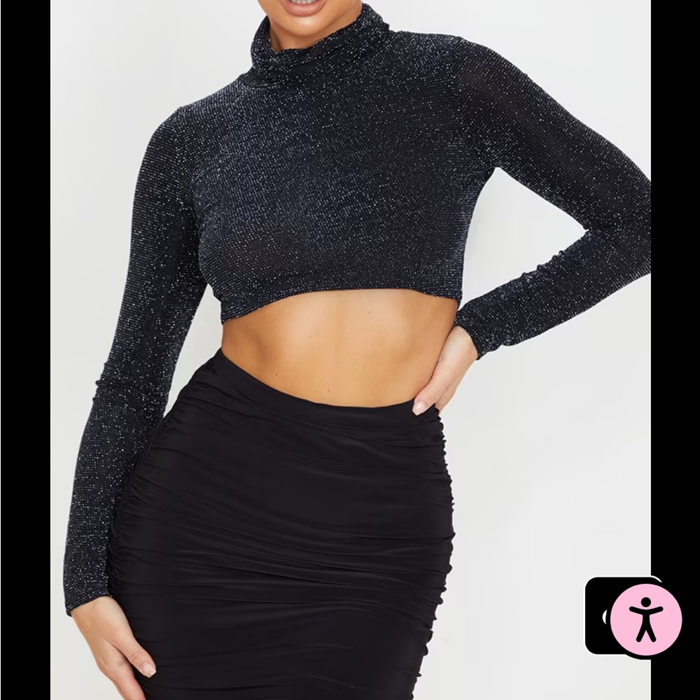 Black textured glitter roll neck crop top